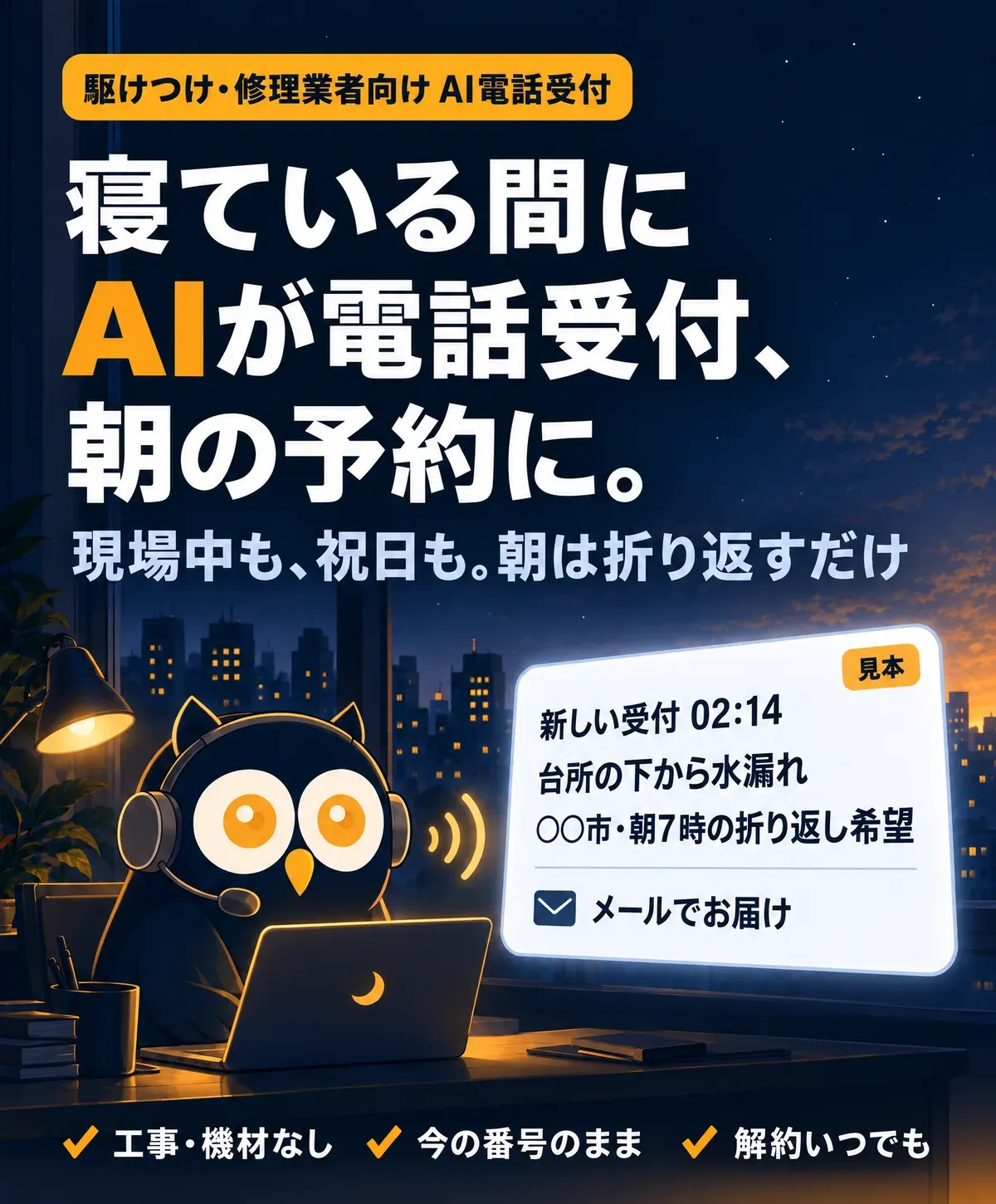 駆けつけ・修理業者向け AI電話受付。寝ている間に、AIが電話受付、朝の予約に。現場中も、祝日も。朝は折り返すだけ。見本の通知：新しい受付 02:14、台所の下から水漏れ、○○市・朝7時の折り返し希望、メールでお届け。工事・機材なし、今の番号のまま、解約いつでも。