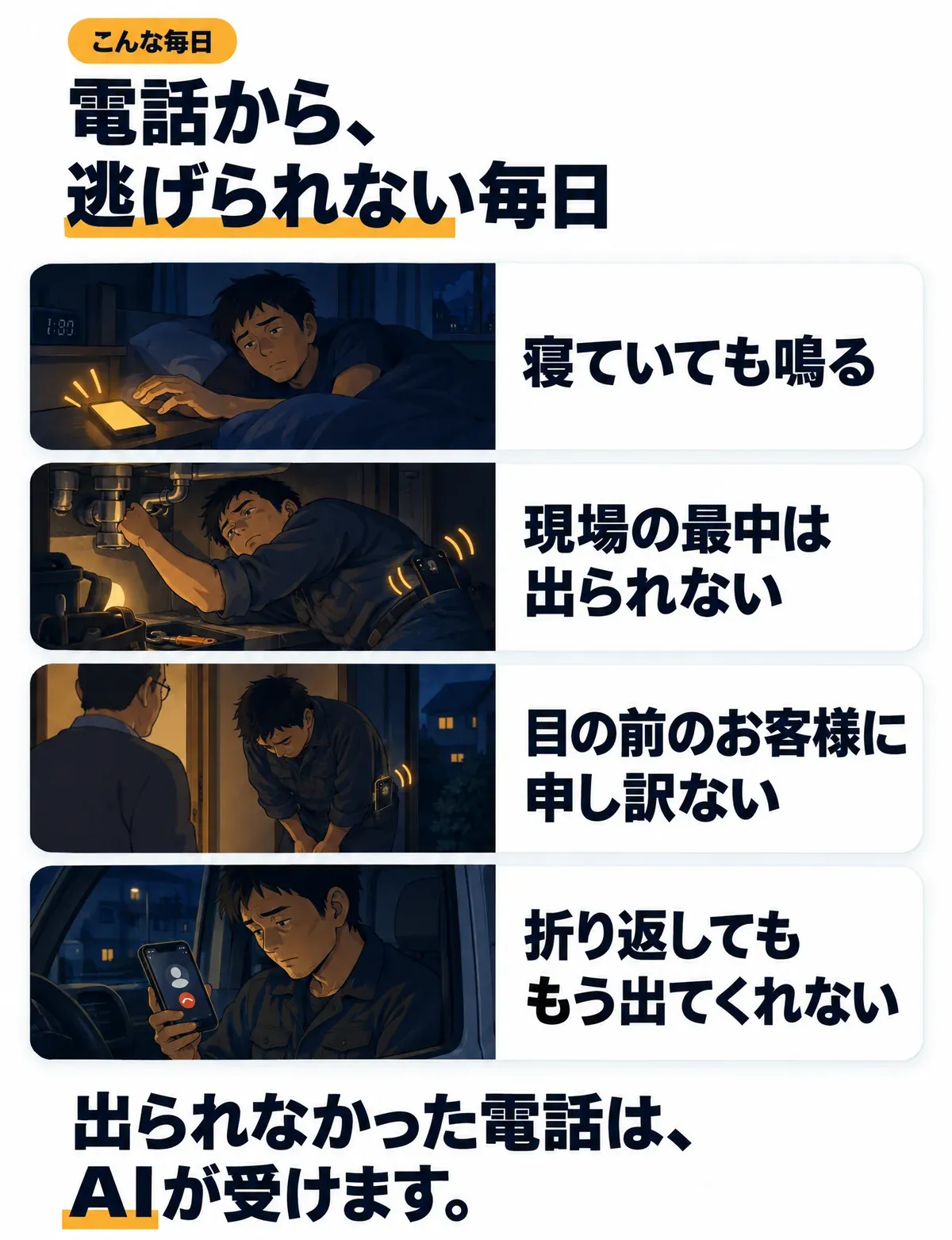 こんな毎日。電話から、逃げられない毎日。寝ていても鳴る。現場の最中は出られない。目の前のお客様に申し訳ない。折り返しても、もう出てくれない。出られなかった電話は、AIが受けます。