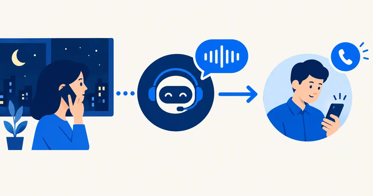 夜の自動音声で1番を押すと当番の携帯へ直接つながる流れを表した図