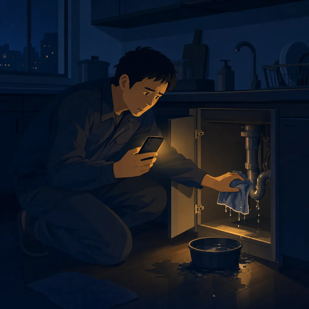 深夜の台所で水漏れを押さえながらスマホで業者を探すお客様